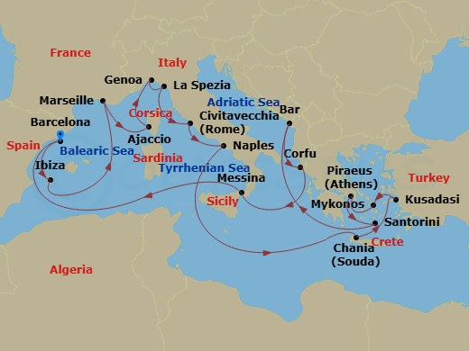 Sun Princess - 21 Night - The Best of the Mediterranean - Sun Princess - Starting in Barcelona, Spain, Ibiza, Spain, Marseille (Provence), France, Corsica (Ajaccio), France,.. itinerary map