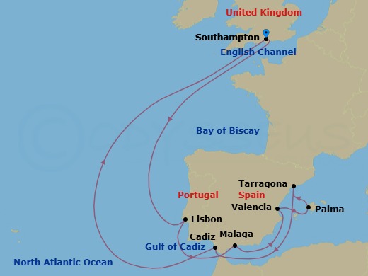 14 Night - Spain and Portugal - Queen Victoria - Starting in Southampton, England, UK, Lisbon, Portugal, Malaga (tours to Granada), Spain, Valencia, Spain, Palma De Mallorca, Spain, Tarragona, Spain, Cadiz (tours to Seville), Spain, Southampton, England, UK itinerary map