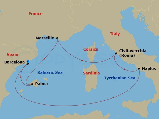 RCL Legend of the Seas - 7 Night - Western Mediterranean Cruise - RCL Legend of the Seas - Starting in Barcelona, Spain, Palma De Mallorca, Spain, Provence (Marseille), France, Rome (.. itinerary map