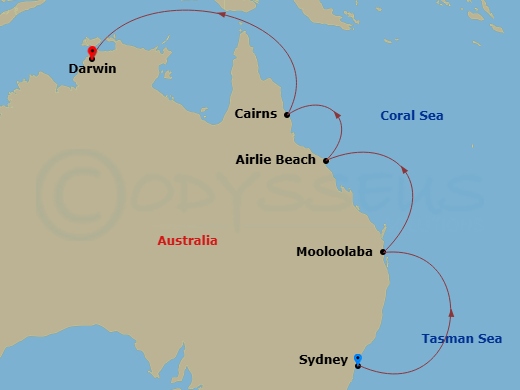 Silver Nova - 10 Night - Sydney to Darwin - Silver Nova - Starting in Sydney AU, Mooloolaba, Airlie Beach, Cairns, Darwin itinerary map