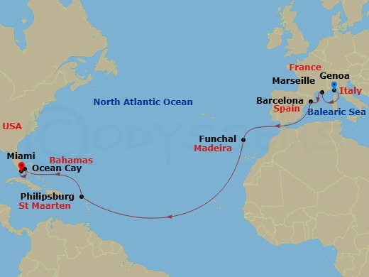 16 Night - Msc Grand Voyages - MSC Poesia - Starting in Genoa (Portofino), Italy, Marseille (Provence), France, Barcelona, Spain, Funchal (Madeira Islands), Portugal, Philipsburg, Saint Martin, Ocean Cay Msc Marine Reserve, Bahamas, Miami, Florida itinerary map