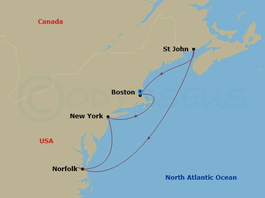 HAL Zuiderdam - 7 Night - America's 250Th Celebration : Stars & Stripes Voyage - HAL Zuiderdam - Starting in Boston, Massachusetts, Saint John NB, New Brunswick, Norfolk, Vir.. itinerary map