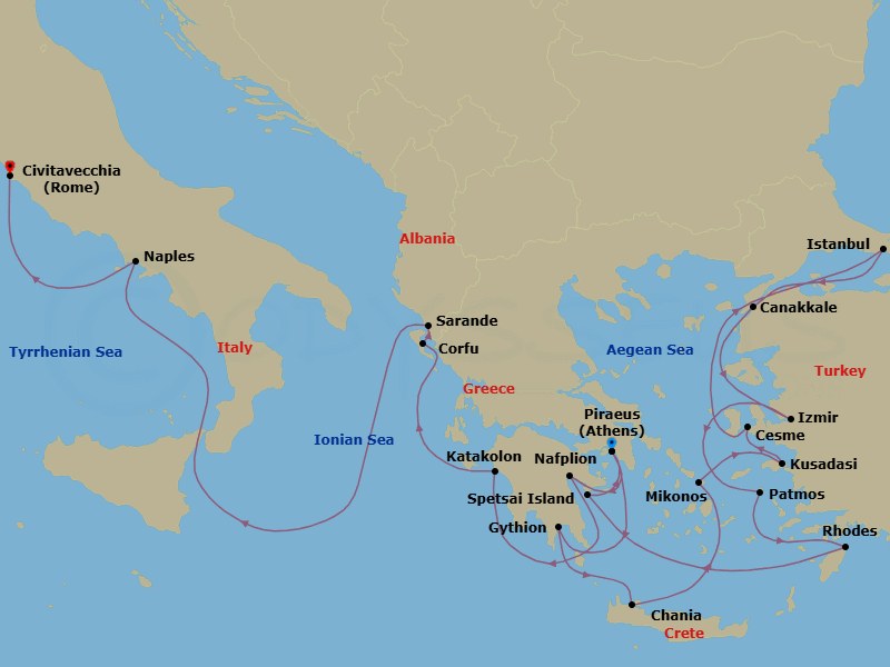 21 Night - Ephesus, Grecian Gems, Turkey & Rome - Seabourn Quest - Starting in Piraeus (Athens), Greece, Gythion (Sparta), Greece, Chania, Crete, Greece, Mykonos, Greece, Kusadasi (Ephesus), Turkey, Cesme, Turkey, Istanbul, Turkey, Canakkale, Turkey, Izmir, Turkey, Patmos, Greece, Rhodes, Greece, Spetses, Greece, Piraeus (Athens), Greece, Nafplion, Greece, Katakolon (Olympia), Greece, Corfu, Greece, Sarande, Albania, Naples (Pompeii / Amalfi), Italy, Civitavecchia (Rome), Italy itinerary map