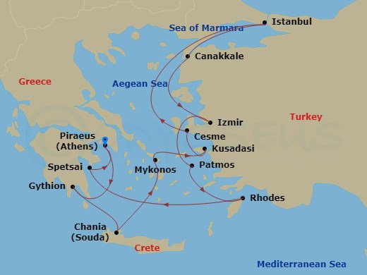 Seabourn Quest - 14 Night - Greek Isles, Turkey & Ephesus - Seabourn Quest - Starting in Piraeus (Athens), Greece, Gythion (Sparta), Greece, Chania, Crete, Greece, Mykonos, Gr.. itinerary map
