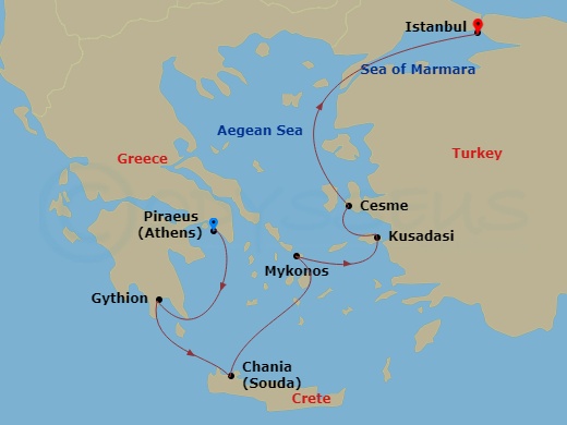 Seabourn Quest - 7 Night - Greek Isles & Ephesus - Seabourn Quest - Starting in Piraeus (Athens), Greece, Gythion (Sparta), Greece, Chania, Crete, Greece, Mykonos, Greece, Kus.. itinerary map