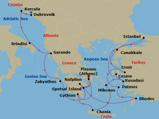 21 Night - Ephesus, Turkey, Grecian Gems & Dalmatian Delights - Seabourn Quest - Starting in Dubrovnik, Croatia, Korcula, Croatia, Brindisi (Lecce), Italy, Sarande, Albania, Zakinthos, Greece, Nafplion, Greece, Piraeus (Athens), Greece, Gythion (Sparta), Greece, Chania, Crete, Greece, Mykonos, Greece, Kusadasi (Ephesus), Turkey, Cesme, Turkey, Istanbul, Turkey, Canakkale, Turkey, Izmir, Turkey, Patmos, Greece, Rhodes, Greece, Spetses, Greece, Piraeus (Athens), Greece itinerary map