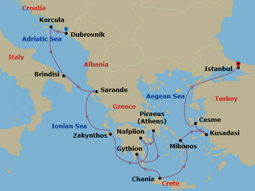 14 Night - Ephesus, Grecian Gems & Dalmatian Delights - Seabourn Quest - Starting in Dubrovnik, Croatia, Korcula, Croatia, Brindisi (Lecce), Italy, Sarande, Albania, Zakinthos, Greece, Nafplion, Greece, Piraeus (Athens), Greece, Gythion (Sparta), Greece, Chania, Crete, Greece, Mykonos, Greece, Kusadasi (Ephesus), Turkey, Cesme, Turkey, Istanbul, Turkey itinerary map