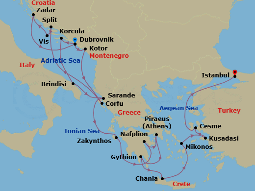 21 Night - Ephesus, Grecian Gems & Dalmatian Coast - Seabourn Quest - Starting in Dubrovnik, Croatia, Kotor, Montenegro, Corfu, Greece, Split, Croatia, Vis Island, Croatia, Zadar, Croatia, Dubrovnik, Croatia, Korcula, Croatia, Brindisi (Lecce), Italy, Sarande, Albania, Zakinthos, Greece, Nafplion, Greece, Piraeus (Athens), Greece, Gythion (Sparta), Greece, Chania, Crete, Greece, Mykonos, Greece, Kusadasi (Ephesus), Turkey, Cesme, Turkey, Istanbul, Turkey itinerary map