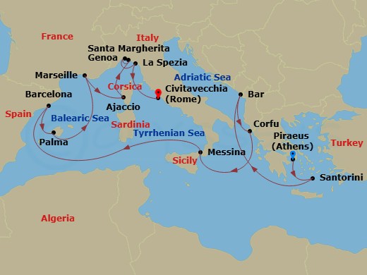 Sun Princess - 14 Night - Western Mediterranean with Greece & Italy - Sun Princess - Starting in Athens (Piraeus), Greece, Santorini, Greece, Montenegro, Corfu, Greece, Sici.. itinerary map