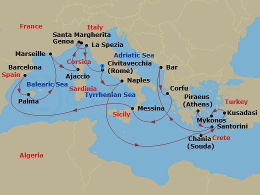 Sun Princess - 21 Night - The Best of the Mediterranean - Sun Princess - Starting in Civitavecchia (for Rome), Italy, Naples, Italy (for Capri and Pompeii), Crete (Chania),.. itinerary map