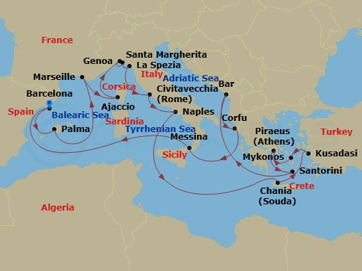Sun Princess - 21 Night - The Best of the Mediterranean - Sun Princess - Starting in Barcelona, Spain, Mallorca (Palma), Spain, Marseille (Provence), France, Corsica (Ajacci.. itinerary map