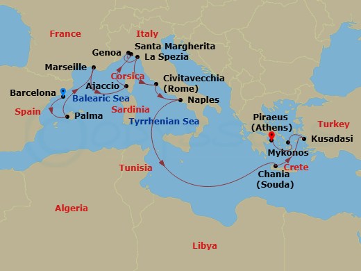 Sun Princess - 14 Night - Mediterranean with Greece, Italy & Turkey - Sun Princess - Starting in Barcelona, Spain, Mallorca (Palma), Spain, Marseille (Provence), France, Cor.. itinerary map