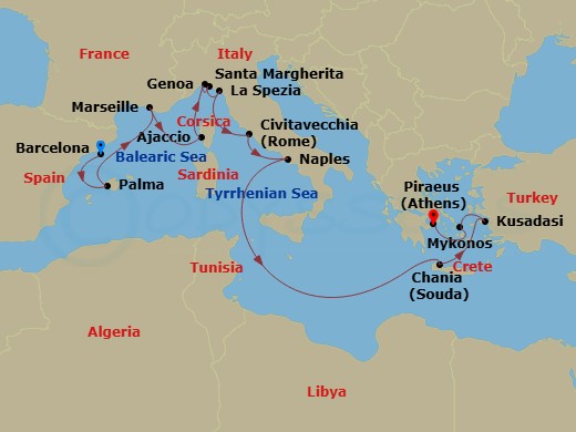 Sun Princess - 14 Night - Mediterranean with Greece, Italy & Turkey - Sun Princess - Starting in Barcelona, Spain, Mallorca (Palma), Spain, Marseille (Provence), France, Cor.. itinerary map