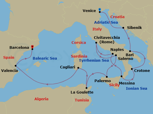 14 Night - Italy, Africa & Iberia Discovery - Viking Astrea - Starting in Venice, Sibenik, Bari, Crotone, Sicily (Messina), Naples, Rome (Civitavecchia), Salerno, Palermo, Sicily, Tunis (La Goulette), Sardinia (Cagliari), Sail the Mediterranean Sea, Valencia, Barcelona itinerary map