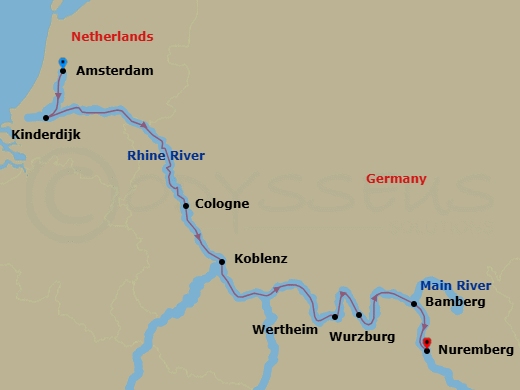 7 Night - Castles, Vineyards & Villages - Viking Idi - Starting in Amsterdam, Kinderdijk, Cologne, Koblenz, Middle Rhine Scenic Sailing, Scenic Sailing Main River, Wertheim, Wurzburg, Bamberg, Nuremberg itinerary map