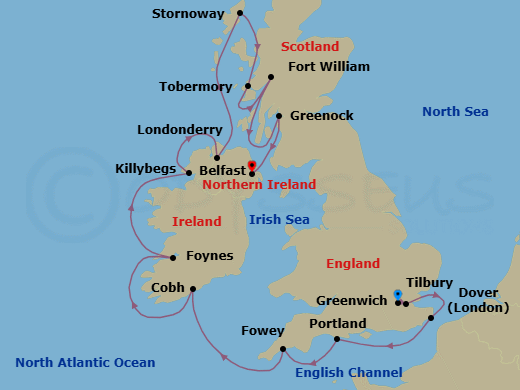 14 Night - British Isles & Ireland - Viking Vesta - Starting in London (Greenwich), London (Tilbury), Dover UK, Portland UK, Fowey, Cobh (Cork), Foynes (Limerick), Killybegs, Londonderry, Lewis and Harris (Stornoway), Scotland, Tobermory, Fort William, Glasgow (Greenock), Belfast itinerary map