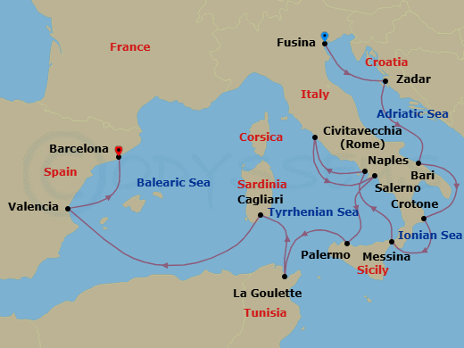 14 Night - Italy, Africa & Iberia Discovery - Viking Vela - Starting in Venice (Fusina), Zadar, Bari, Crotone, Sicily (Messina), Naples, Rome (Civitavecchia), Salerno, Palermo, Sicily, Tunis (La Goulette), Sardinia (Cagliari), Sail the Mediterranean Sea, Valencia, Barcelona itinerary map