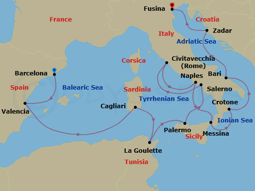 14 Night - Italy, Africa & Iberia Discovery - Viking Sea - Starting in Barcelona, Valencia, Sail the Mediterranean Sea, Sardinia (Cagliari), Tunis (La Goulette), Palermo, Sicily, Salerno, Rome (Civitavecchia), Naples, Sicily (Messina), Crotone, Bari, Zadar, Venice (Fusina) itinerary map