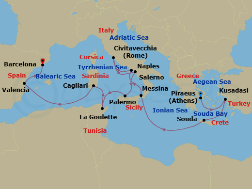 14 Night - Aegean & Mediterranean Explorer - Viking Saturn - Starting in Athens (Piraeus), Ephesus (Kusadasi), Crete (Souda Bay), Sail the Ionian Sea, Sicily (Messina), Naples, Rome (Civitavecchia), Salerno, Palermo, Sicily, Tunis (La Goulette), Sardinia (Cagliari), Sail the Mediterranean Sea, Valencia, Barcelona itinerary map