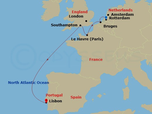 MSC Poesia - 6 Night - Northern Europe - MSC Poesia - Starting in Rotterdam (Amsterdam), Netherlands, Zeebrugge (Bruges), Belgium, Le Havre (Paris), France, Southampton (L.. itinerary map