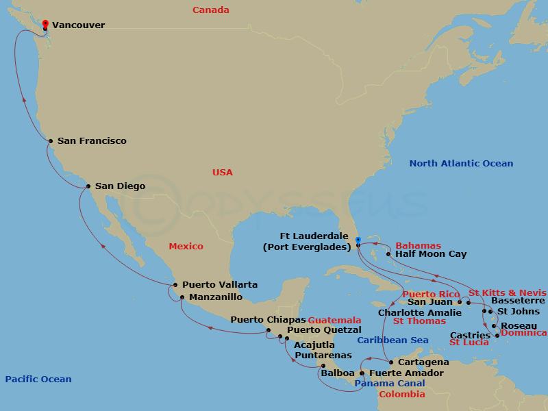 HAL Koningsdam - 34 Night - Panama Canal & Eastern Caribbean - HAL Koningsdam - Starting in Fort Lauderdale, Florida, San Juan, Puerto Rico, St Thomas, US Virgin Islands, St J.. itinerary map