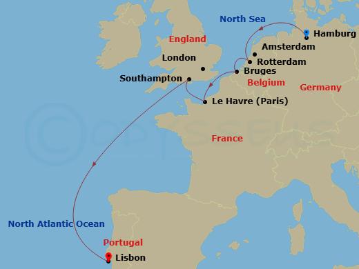 MSC Poesia - 8 Night - Northern Europe - MSC Poesia - Starting in Hamburg, Germany, Rotterdam (Amsterdam), Netherlands, Zeebrugge (Bruges), Belgium, Le Havre (Paris), Fran.. itinerary map