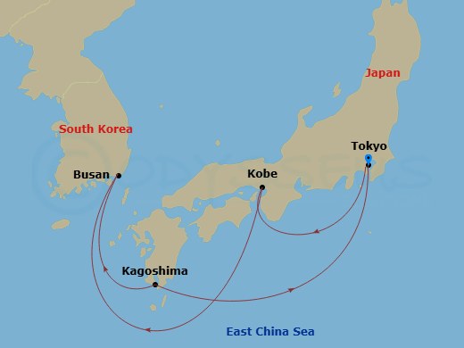 7 Night - Far East - MSC Bellissima - Starting in Tokyo, Japan, Kobe, Japan, Busan, Kagoshima, Japan, Tokyo, Japan itinerary map