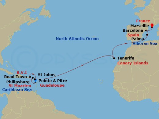 15 Night - Ptp - MSC Seaview - Starting in Pointe-A-Pitre, Guadeloupe, Philipsburg, Saint Martin, Road Town (Tortola), British Virgin Islands, St Johns AG, Antigua, Santa Cruz de Tenerife, Palma De Mallorca (Balearic Islands), Spain, Barcelona, Spain, Marseille (Provence), France itinerary map
