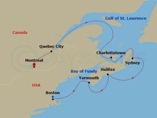 7 Night - North America & Canada - Crystal Symphony - Starting in Boston, Yarmouth, Halifax, Sydney NS, Nova Scotia, Charlottetown, Prince Edward Island, Quebec City, Montreal itinerary map