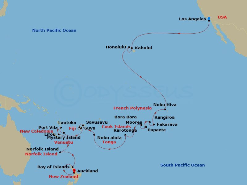 Crystal Serenity - 39 Night - South Pacific - Crystal Serenity - Starting in Los Angeles, Kahului, Hawaii, Honolulu, Nuku Hiva, Fakarava, Rangiroa, Moorea Island, Papeete (Tahit.. itinerary map