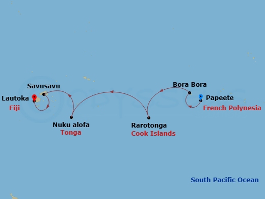 Crystal Serenity - 10 Night - South Pacific - Crystal Serenity - Starting in Papeete (Tahiti), Bora Bora (Society Islands), Rarotonga, Date Line lose a day, Nukualofa, Tonga, Sa.. itinerary map