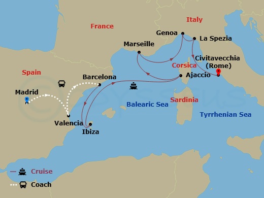 Sun Princess Cruise Tours - 13 Night - Highlights of Spain - Tour 2A - Sun Princess Cruise Tours - Starting in Madrid, Spain, Valencia, Spain, Barcelona, Spain, Ibiza, Spain, Corsica (Aj.. itinerary map