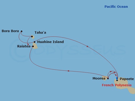 Star Breeze Cruise Tours - 10 Night - Overwater Bungalow & Tahitian Paradises Cruise Tour - Star Breeze Cruise Tours - Starting in Papeete, Moorea, Raiatea, Motu Mahaea, Near Tahaa, Bor.. itinerary map