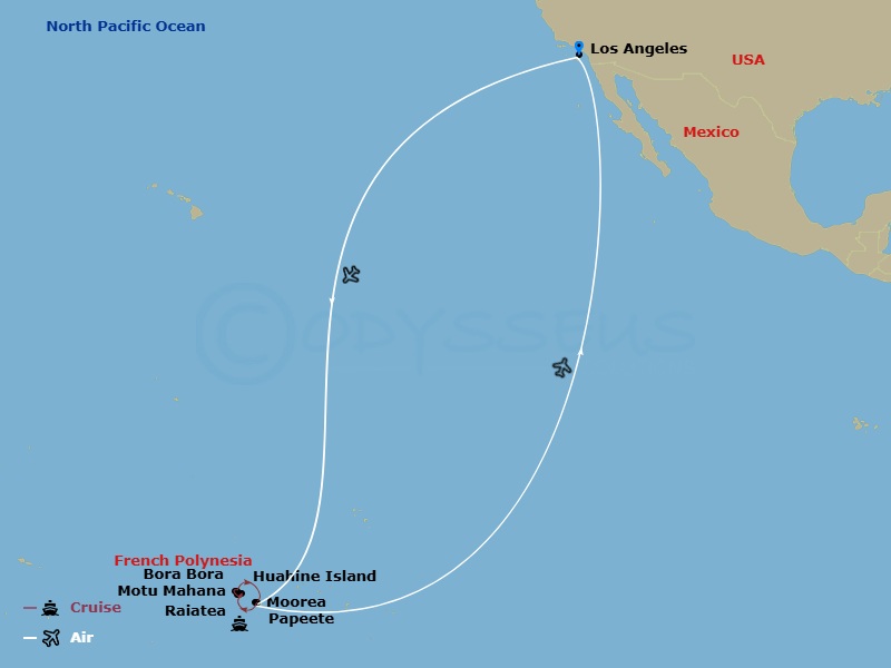 Star Breeze Cruise Tours - 10 Night - Dreams of Tahiti Air + Hotel Package from Lax - Star Breeze Cruise Tours - Starting in Los Angeles, Papeete, Moorea, Raiatea, Motu Mahaea, Near Tah.. itinerary map