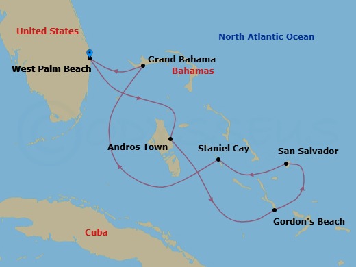 7 Night - Bountiful Bahamas Cruise - SeaDream II - Starting in Palm Beach, Andros Island, Emerald Bay, Great Exuma Island, Gordons Beach, Long Island, San Salvador, Staniel Cay, Exumas, Taino Beach, Grand Bahama, Palm Beach itinerary map