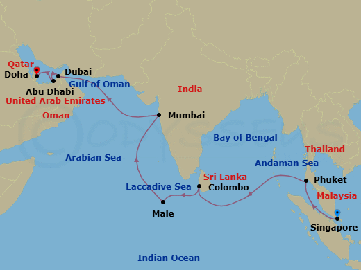 16 Night - Island Delights & City Lights - Seven Seas Explorer - Starting in Singapore, Cruising the Malacca Strait, Phuket, Cruising the Andaman Sea, Cruising the Bay of Bengal, Colombo, Cruising the Laccadive Sea, Male, Cruising the Laccadive Sea, Cruising the Arabian Sea, Mumbai (Bombay), Cruising the Arabian Sea, Cruising the Gulf of Oman, Dubai, Abu Dhabi, Doha itinerary map