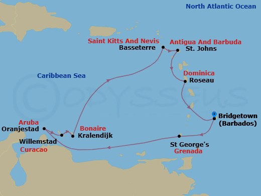 10 Night - Sweetheart Sojourn - Seven Seas Grandeur - Starting in Bridgetown, St Georges, Cruising the Caribbean Sea, Oranjestad, Willemstad AN, Bonaire (Kralendijk), Cruising the Caribbean Sea, Basseterre, St Johns, Roseau, Bridgetown itinerary map