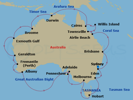32 Night - Australian Adventure - Seven Seas Mariner - Starting in Sydney AU, Cruising the Tasman Sea, Brisbane, Cruising the Coral Sea, Airlie Beach, Townsville, Willis Island (Technical Call), Australia, Cairns, Cruising the Coral Sea, Cruising the Arafura Sea, Darwin, Cruising the Timor Sea, Broome, Cruising the Indian Ocean, Exmouth, Cruising the Indian Ocean, Geraldton, Perth (Fremantle), Cruising the Indian Ocean, Albany AU, Cruising the Great Australian Bight, Adelaide, Penneshaw (Kangaroo Island), Cruising the Great Australian Bight, Melbourne, Cruising the Tasman Sea, Hobart (Tasmania), Cruising the Tasman Sea, Eden, Sydney AU itinerary map