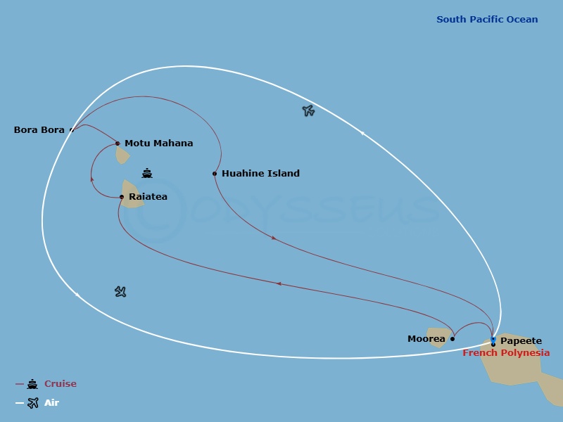 Star Breeze Cruise Tours - 11 Night - Golden Days in Bora Bora Air + Overwater Villa Package from Lax - Star Breeze Cruise Tours - Starting in Arrive in Papeete, Bora Bora, Papeete, Moo.. itinerary map