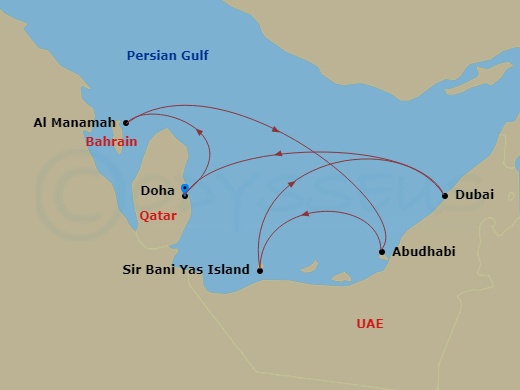 MSC Euribia - 7 Night - Dubai, Abu Dhabi & Qatar - MSC Euribia - Starting in Doha, Qatar, Bahrain, Abu Dhabi, United Arab Emirates, Sir Baniyas Island, UAE, Dubai, United A.. itinerary map
