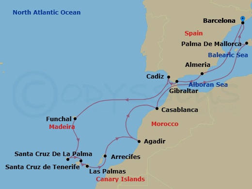 15 Night - Quintessential Iberian Journey - Seven Seas Voyager - Starting in Barcelona, Cruising the Mediterranean Sea, Almeria, Gibraltar, Cadiz, Cruising the Atlantic Ocean, Funchal (Madeira), Santa Cruz de La Palma, Santa Cruz de Tenerife, Las Palmas De Gran Canaria, Arrecife (Lanzarote), Agadir, Casablanca, Cruising the Mediterranean Sea, Palma De Mallorca, Barcelona itinerary map