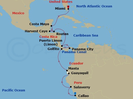 16 Night - Machu Picchu & Mayan Ruins - Seven Seas Mariner - Starting in Lima (Callao), Salaverry, Cruising the Pacific Ocean, Guayaquil, Manta, Cruising the Pacific Ocean, Golfito, Panama City, Panama Canal Transit, Puerto Limon, Cruising the Caribbean Sea, Roatan, Harvest Caye, Costa Maya, Mexico, Cruising the Straits of Florida, Miami itinerary map
