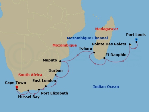 15 Night - Southeast Africa Unveiled - Seven Seas Voyager - Starting in Port Louis, Pointe Des Galets, Cruising the Indian Ocean, Fort Dauphin, Cruising the Indian Ocean, Toliara, Cruising the Mozambique Channel, Maputo, Cruising the Indian Ocean, Durban, East London, Port Elizabeth ZA, Mossel Bay, Cape Town itinerary map