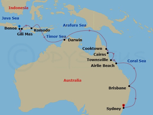 16 Night - Coral Coasts to Opera House - Seven Seas Explorer - Starting in Bali (Benoa), Gili Mas (Lombok), Komodo, Cruising the Timor Sea, Darwin, Cruising the Arafura Sea, Cruising the Coral Sea, Cooktown, Cairns, Townsville, Airlie Beach, Cruising the Coral Sea, Brisbane, Cruising the Tasman Sea, Sydney AU itinerary map