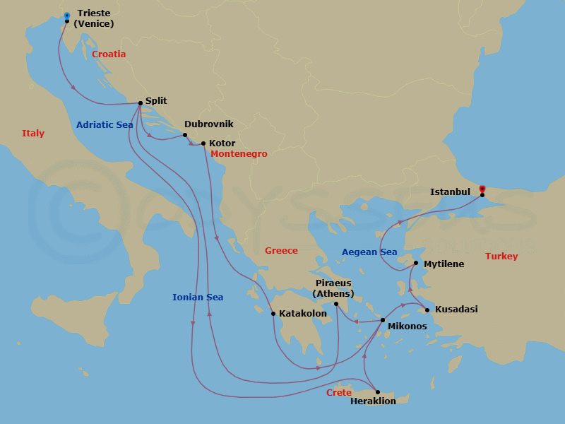 17 Night - Ancient & Historic Shores - Seven Seas Voyager - Starting in Venice (Trieste), Split, Dubrovnik, Croatia, Kotor, Cruising the Ionian Sea, Katakolon, Mykonos, Athens (Piraeus), Cruising the Adriatic Sea, Split, Cruising the Ionian Sea, Heraklion (Crete), Mykonos, Kusadasi, Mytilini (Lesbos), Cruising the Aegean Sea, Istanbul itinerary map