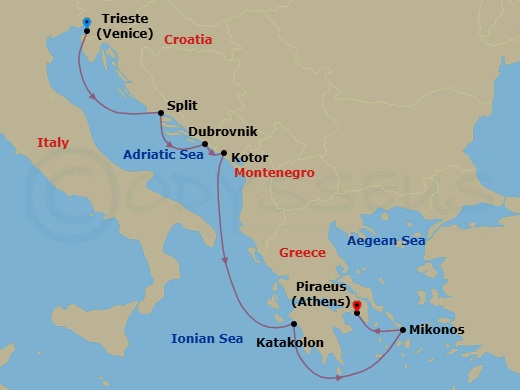 7 Night - Path of the Ancients - Seven Seas Voyager - Starting in Venice (Trieste), Split, Dubrovnik, Croatia, Kotor, Cruising the Ionian Sea, Katakolon, Mykonos, Athens (Piraeus) itinerary map