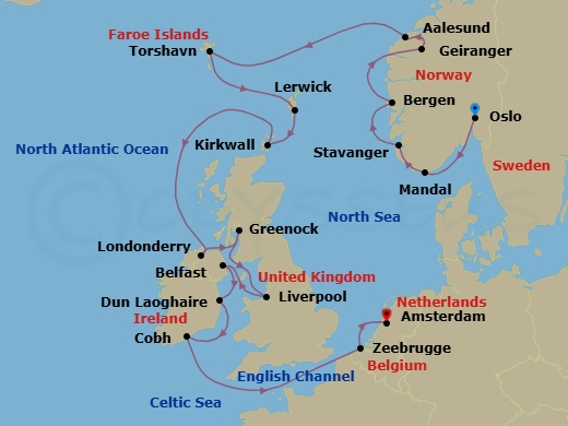 19 Night - Spotlight On Whisky - Seven Seas Grandeur - Starting in Oslo, Mandal, Stavanger, Bergen, Geiranger, Norway, Alesund, Torshavn, Faroe Islands, Lerwick (Shetland Islands), Kirkwall (Orkney Islands), Cruising the North Atlantic Ocean, Londonderry, Glasgow (Greenock), Liverpool, Belfast, Dun Laoghaire, Cork (Cobh), Cruising the North Atlantic Ocean, Bruges (Zeebrugge), Amsterdam itinerary map