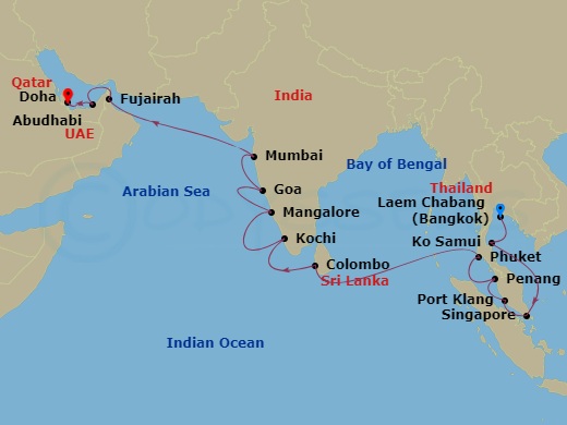 Seven Seas Navigator - 20 Night - Indian Ocean Enchantments - Seven Seas Navigator - Starting in Bangkok (Laem Chabang), Ko Samui, Cruising the South China Sea, Singapore, Kuala Lum.. itinerary map