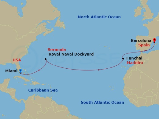 Seven Seas Grandeur - 14 Night - Atlantic Isle Exploration - Seven Seas Grandeur - Starting in Miami, Cruising the Bahamian Waters, Cruising the Atlantic Ocean, Royal Naval Dockyar.. itinerary map