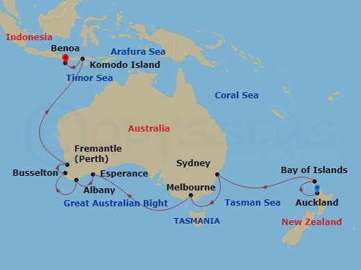 Seven Seas Navigator - 18 Night - Down Under Australia - Seven Seas Navigator - Starting in Auckland, Bay of Islands, Cruising the Tasman Sea, Sydney AU, Cruising the Bass Strait, M.. itinerary map